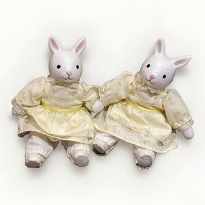 Russ Berrie 2 Vintage White Porcelain Easter Rabbits Yellow Dresses Bloomers